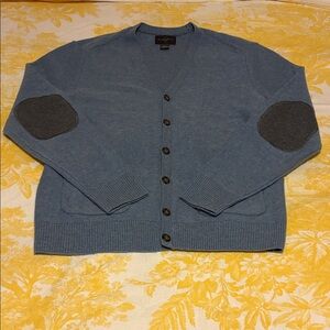 Blue Lambswool Blend Cardigan with Gray Elbow Patches
